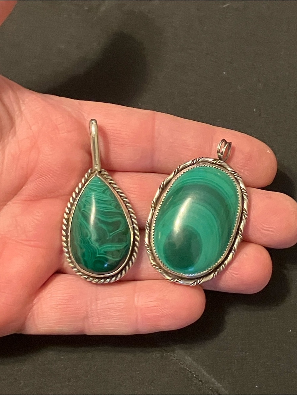 2 LARGE STERLING SILVER MALACHITE PENDANTS